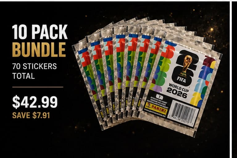 10 Pack Collector Bundle of FIFA World Cup 2026 Panini sticker packs — 70 stickers, $42.99