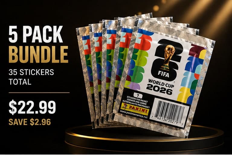 5 Pack Bundle of FIFA World Cup 2026 Panini sticker packs — 35 stickers, $22.99