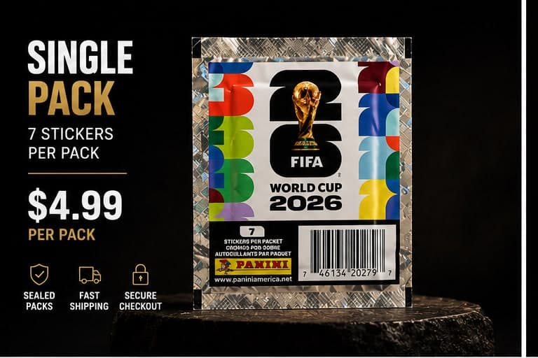 Single sealed FIFA World Cup 2026 Panini sticker pack — 7 stickers, $4.99